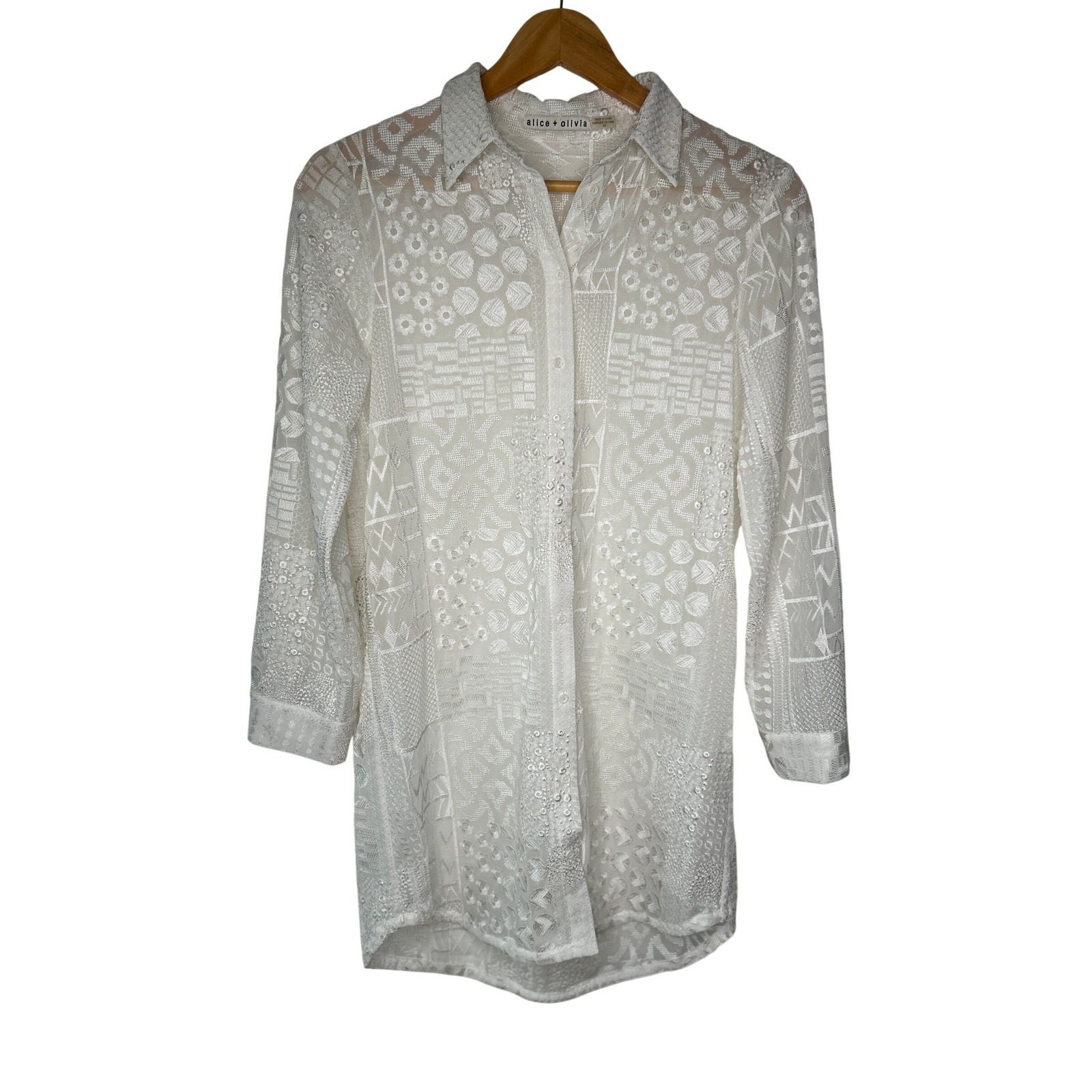Alice + Olivia Tanisha Embroidered Button Down Tunic Top S White Roll Tab Flawed